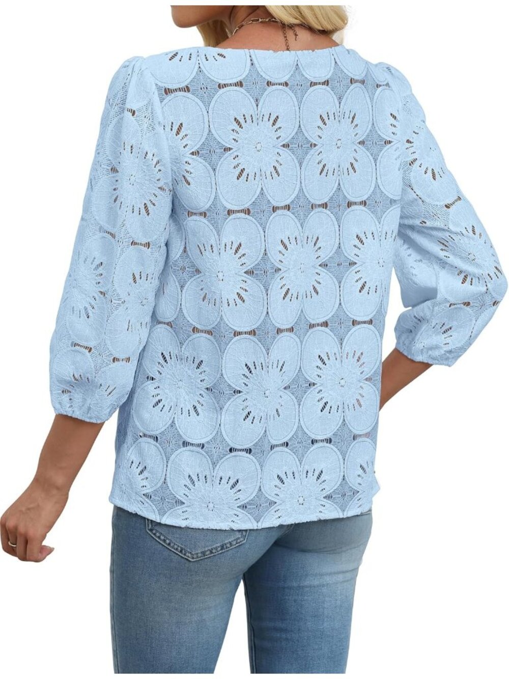 Women's Blouse Blue Dressy Casual Long Sleeve Tops Eyelet Lace Summer Shirts - Picture 5 of 5